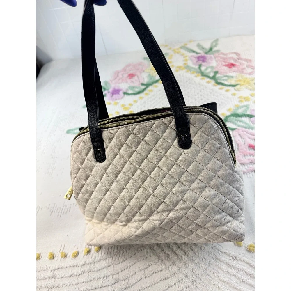 Betsey Johnson Quilted Satchel Bag Cream Black Bow Gold Hardware Medium Tote